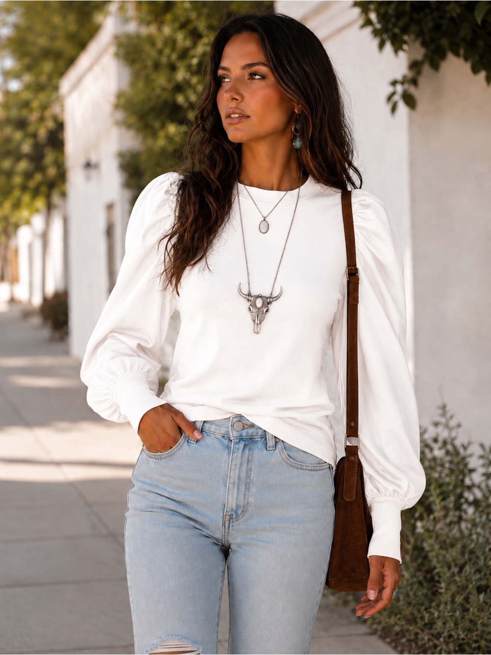 Women's White Puff-Sleeve Top - Classic Crewneck